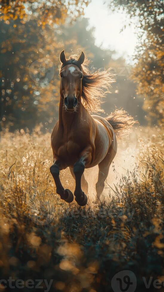 Brown horse galloping in a golden field at sunset, sun rays, dynamic pose, photo