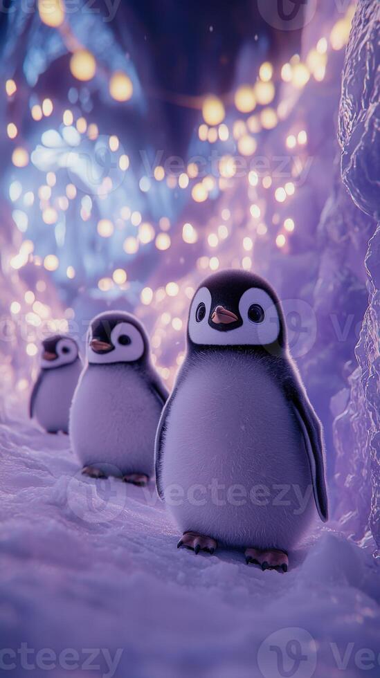 Cute penguins walking in snow with festive lights in background photo