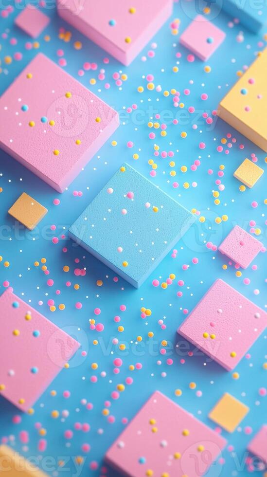 Pastel Squares and Colorful Sprinkles on Blue Background, Sweet Abstract Pattern, photo