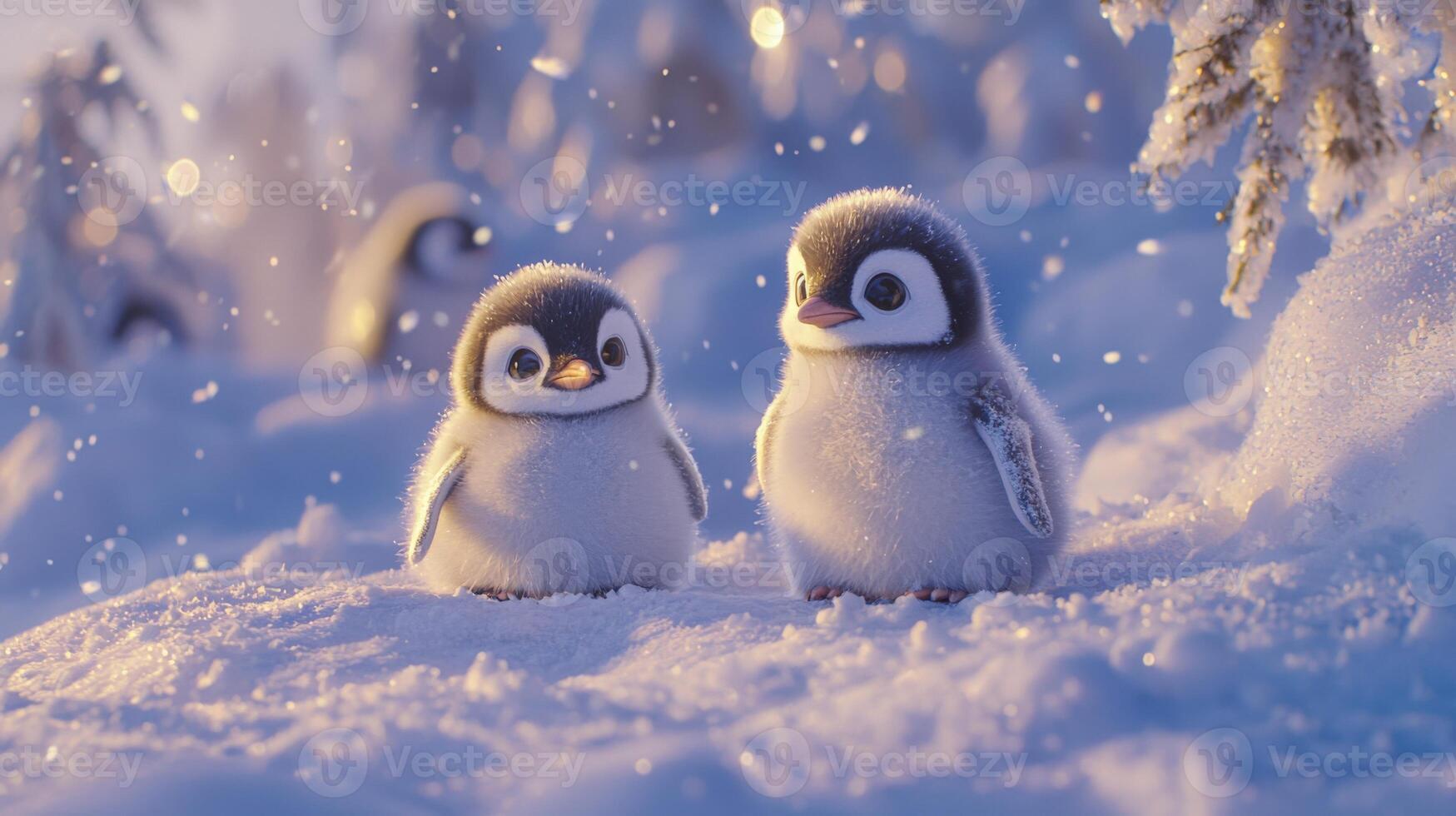 Two cute baby penguins standing in the snow with sparkling bokeh effect photo