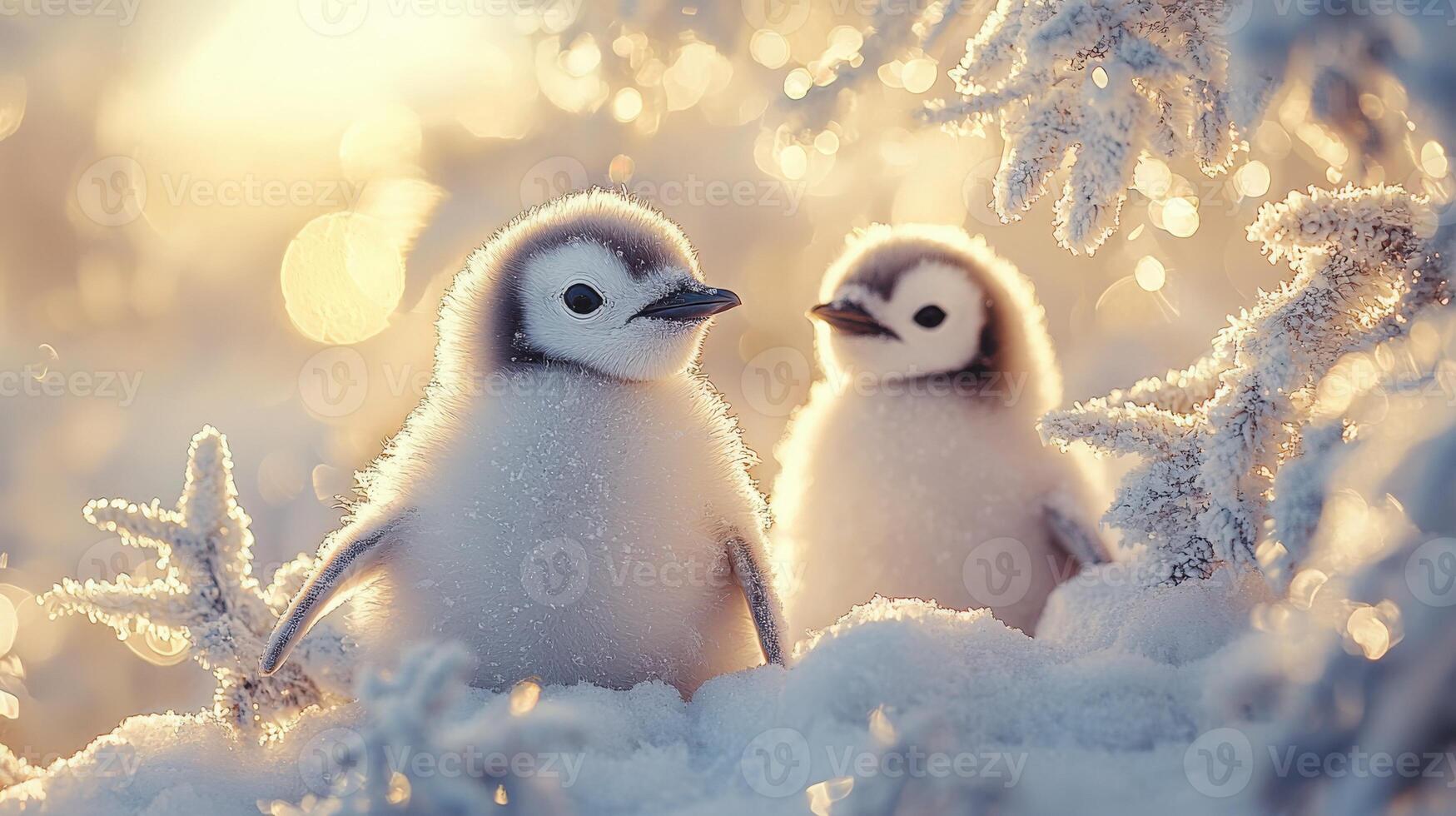 Two fluffy penguin chicks in a snowy winter scene with a warm golden glow photo