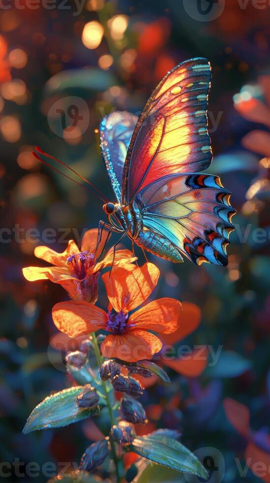 Vibrant butterfly rests on orange flower, nature bokeh effect, colorful wings, photo