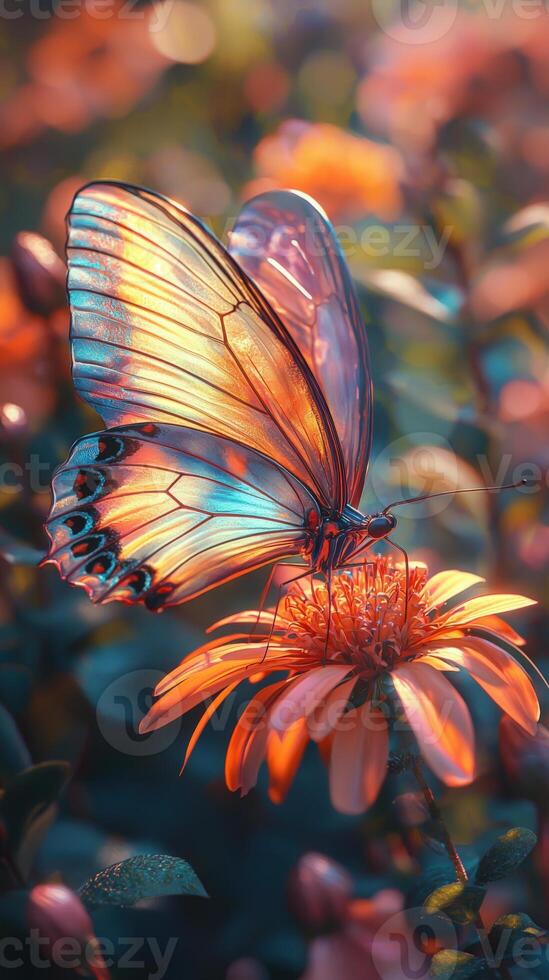 Butterfly resting on a flower, vibrant colors, delicate wings close up view, photo
