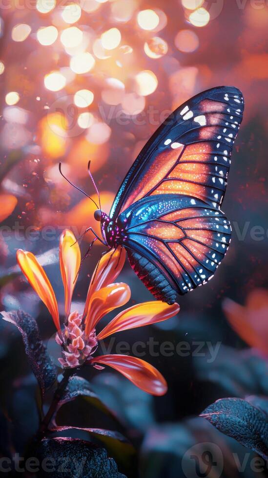 Monarch Butterfly with glowing details sitting on an orange flower, photo