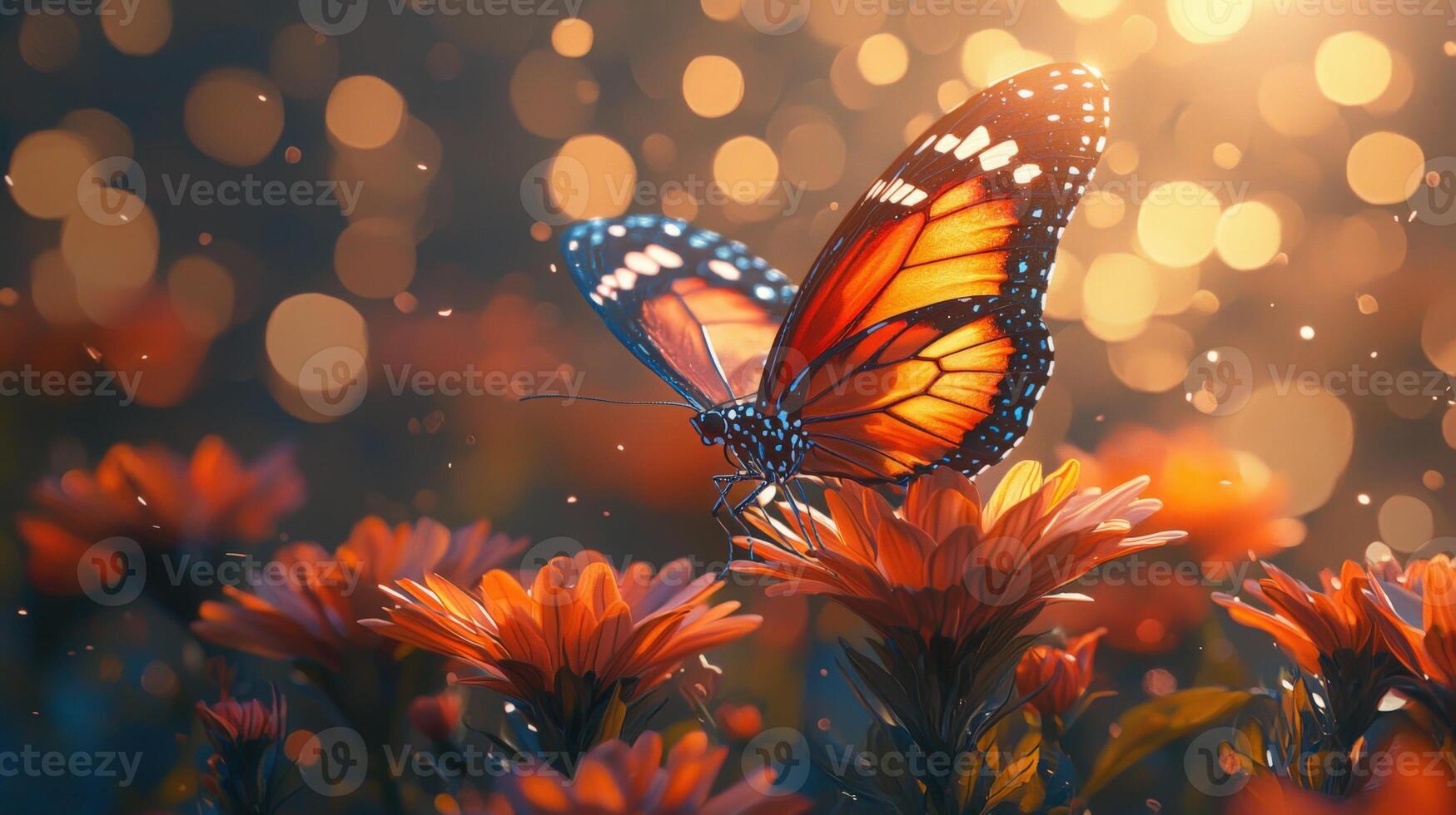 Monarch butterfly on orange flowers, bokeh lights, warm tones, artistic rendering, photo