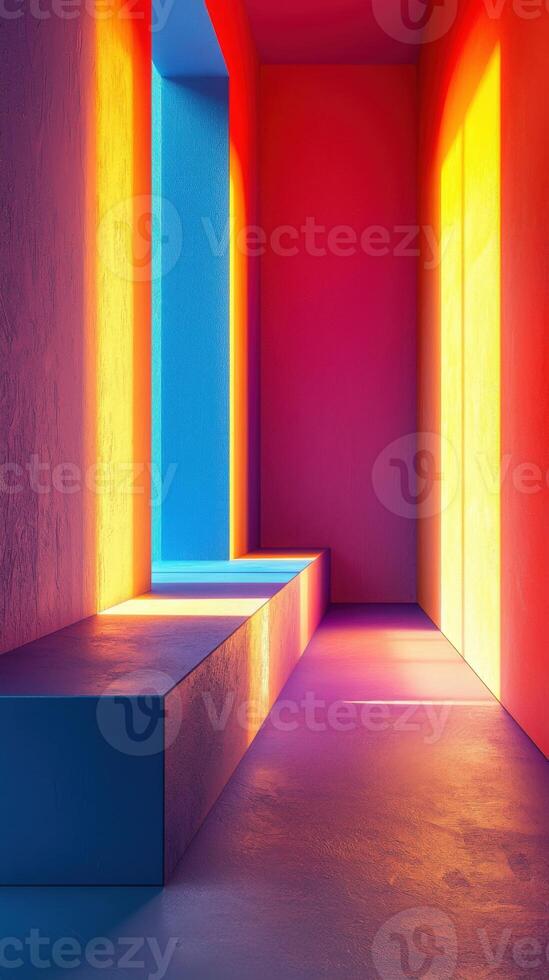 Abstract colorful hallway with light effects and blocks geometric shapes photo