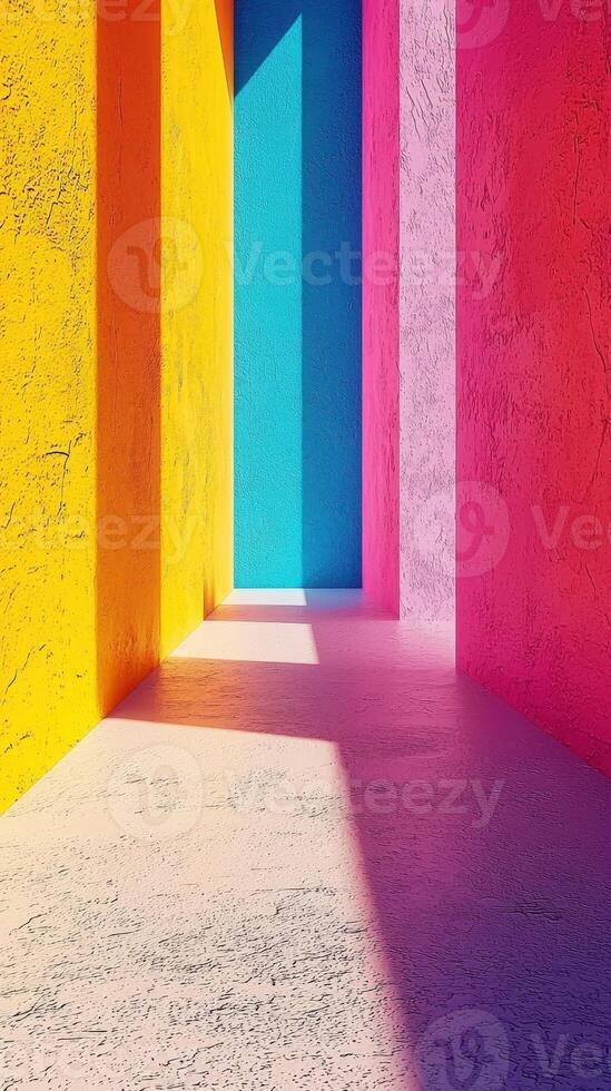Colorful corridor with bright walls and shadows pattern, digital art photo
