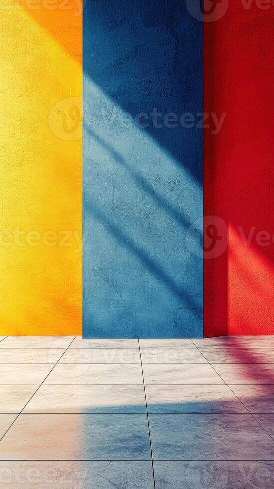 Colorful wall with light shadows, minimalist architecture, abstract design photo