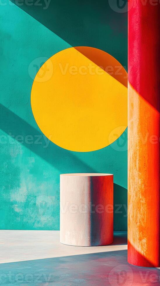Abstract geometric shapes with bright colors and shadows, digital art, photo