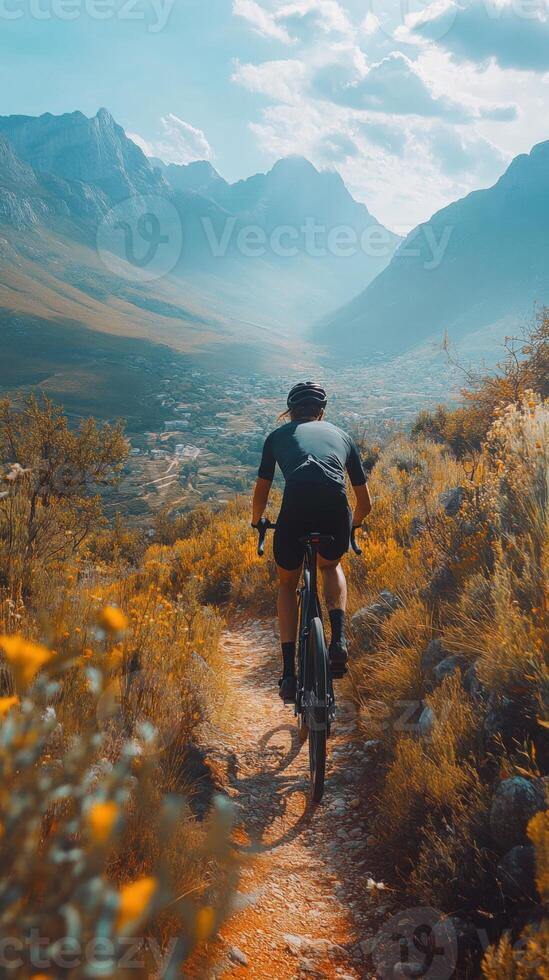 Mountain biker on scenic trail with valley view in a golden hue. photo
