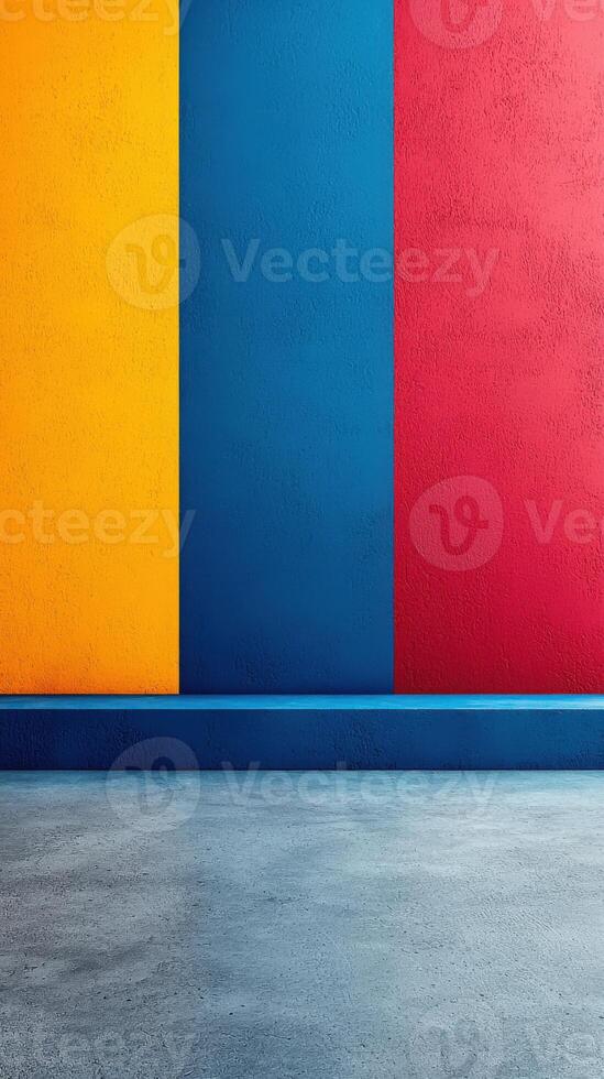 Abstract colorful wall background with empty floor space, modern art photo