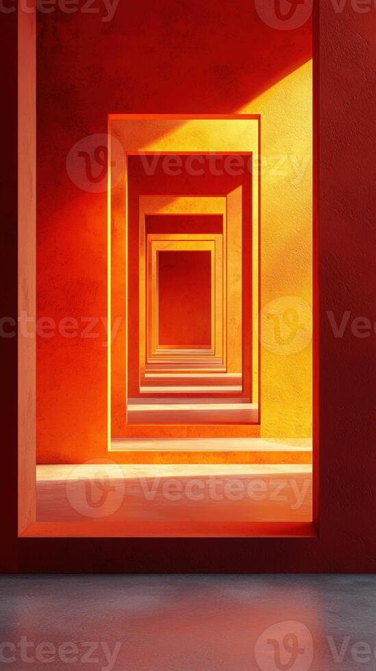 Abstract orange corridor with repeating doorways and light, minimal design photo