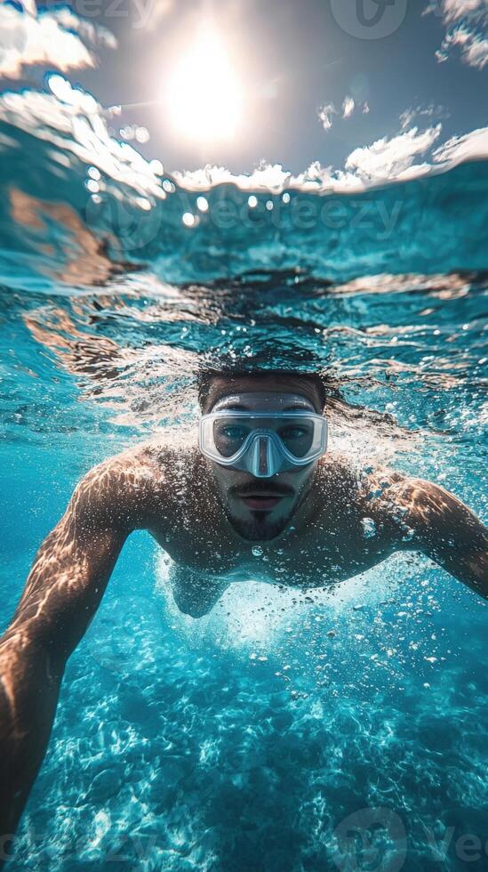 Underwater view of a diver swimming with goggles in clear water, sun shining photo