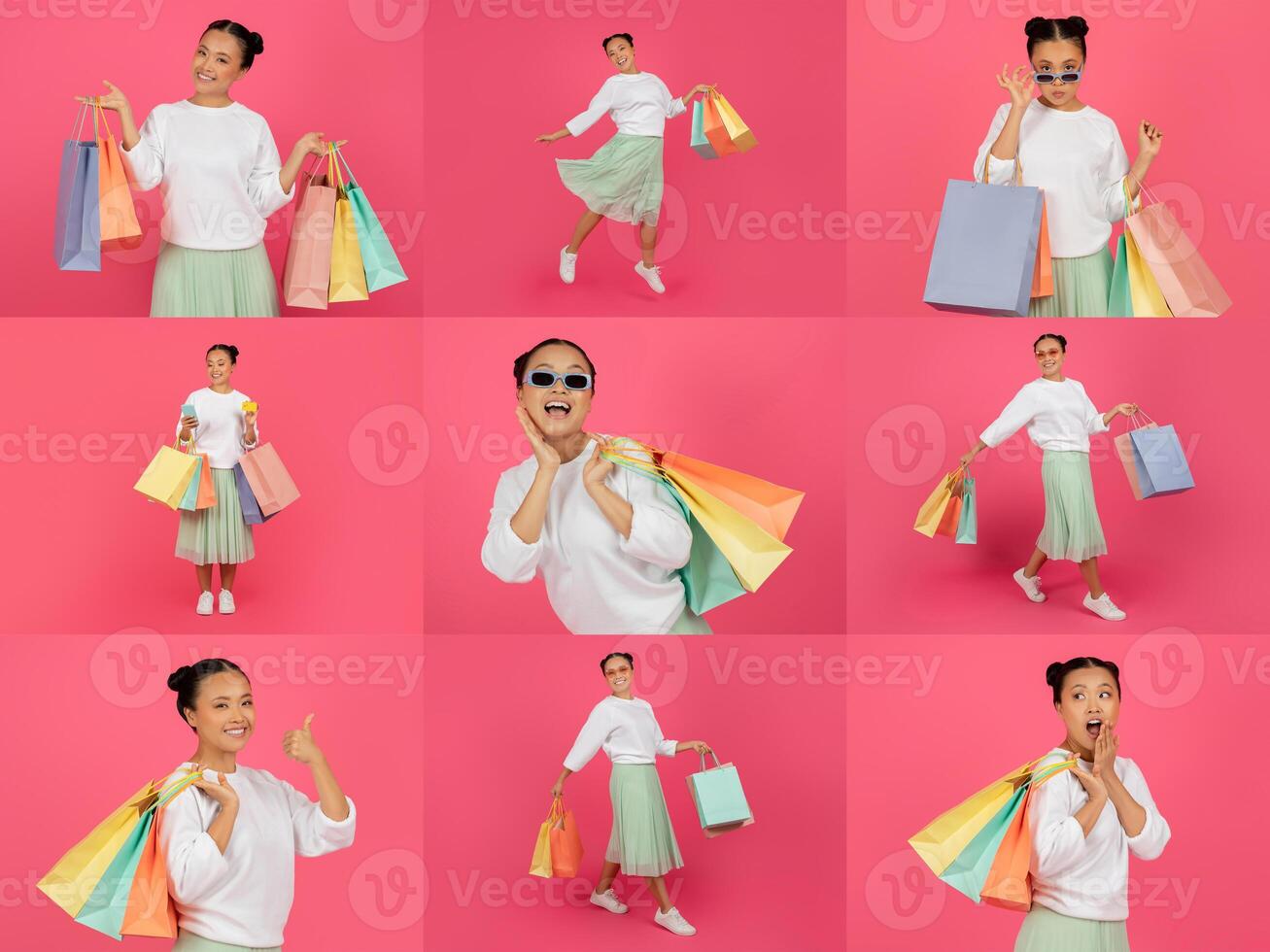 A cheerful shopper Asian woman showcases various colorful shopping bags while displaying joy and enthusiasm in a vibrant setting. This collage captures the excitement of consumerism during a sale. photo