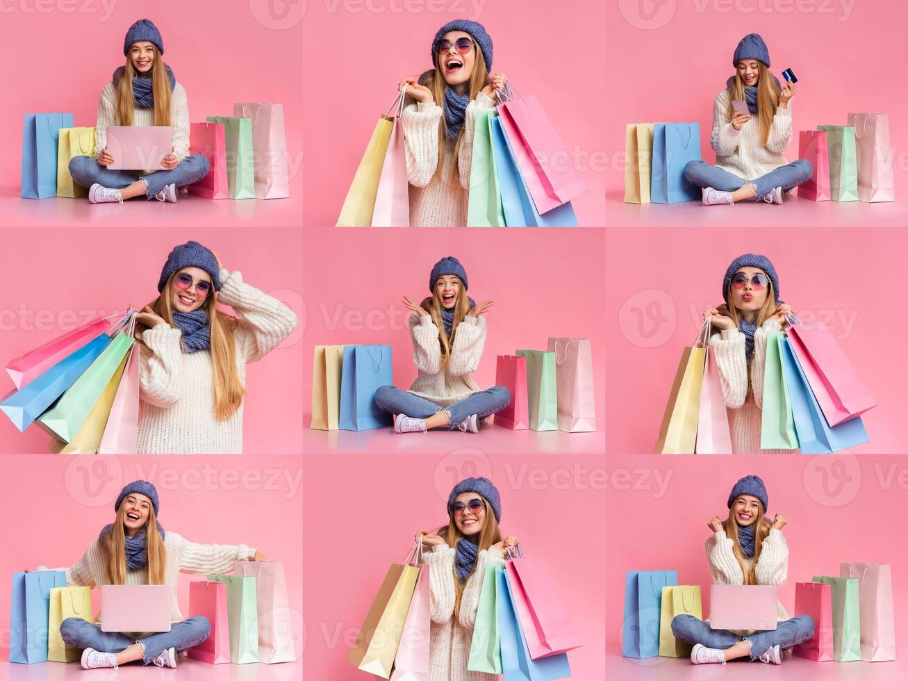 A cheerful young woman enjoys shopping during Black Friday, holding colorful shopping bags and showing her excitement. The vibrant background enhances the festive atmosphere of consumerism. photo