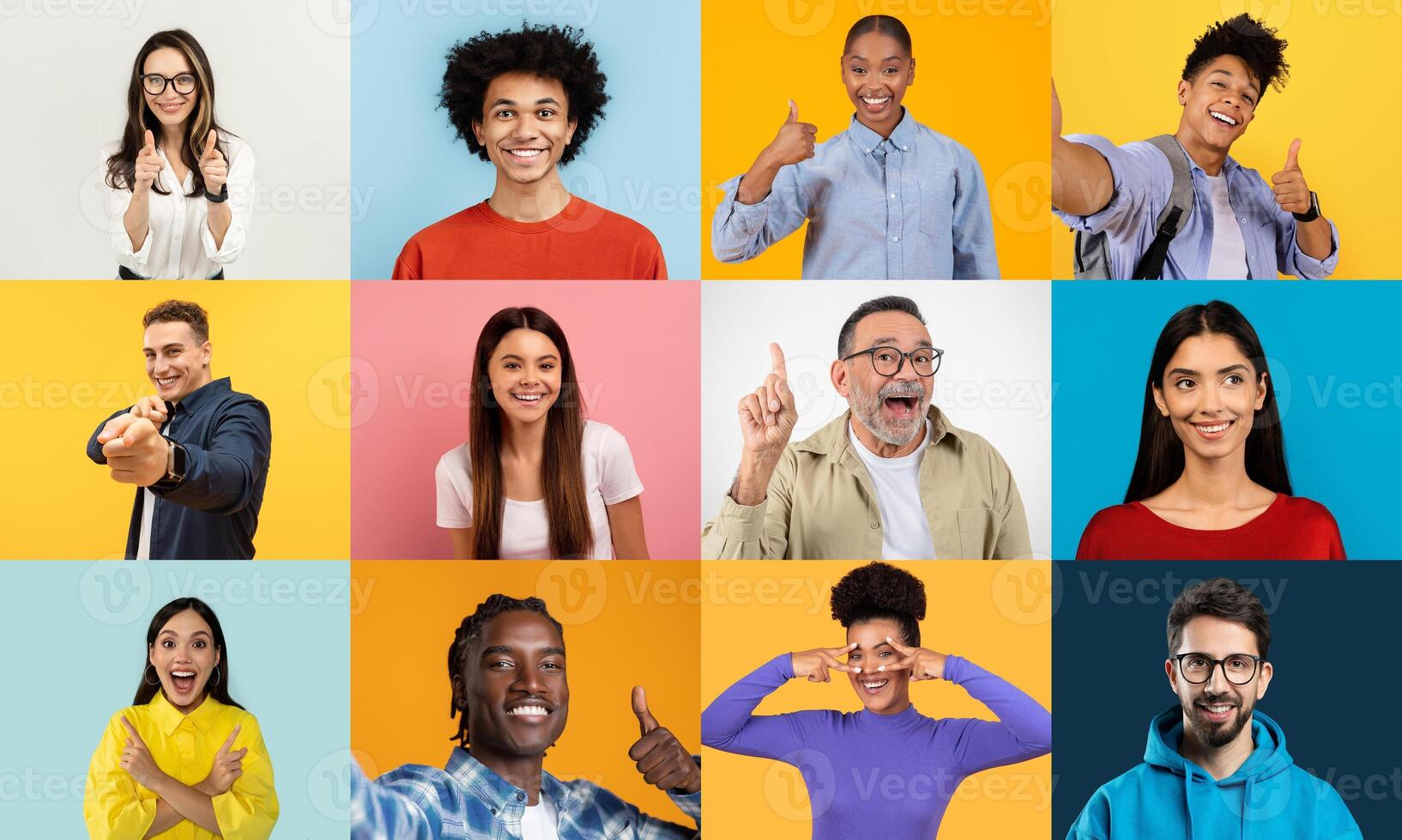 A diverse group of individuals expresses joy and positivity through smiles and gestures. This colorful collage captures their cheerful lifestyles in a lively setting, emphasizing unity in diversity. photo