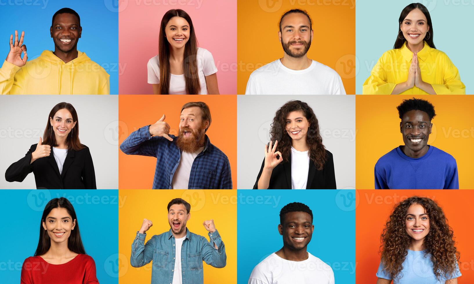 A vibrant collection of cheerful, multiracial individuals showcases diverse expressions of happiness. The backdrop features colorful panels, emphasizing their positive vibe and connection. photo