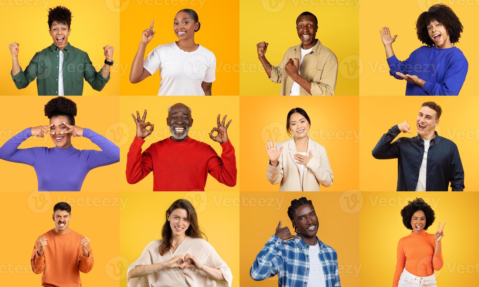 A collage captures a diverse group of people celebrating happiness and positivity. photo