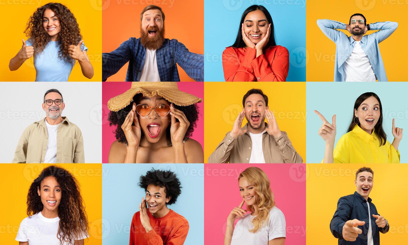 A cheerful collage showcases a diverse group of individuals expressing happiness and positivity. photo