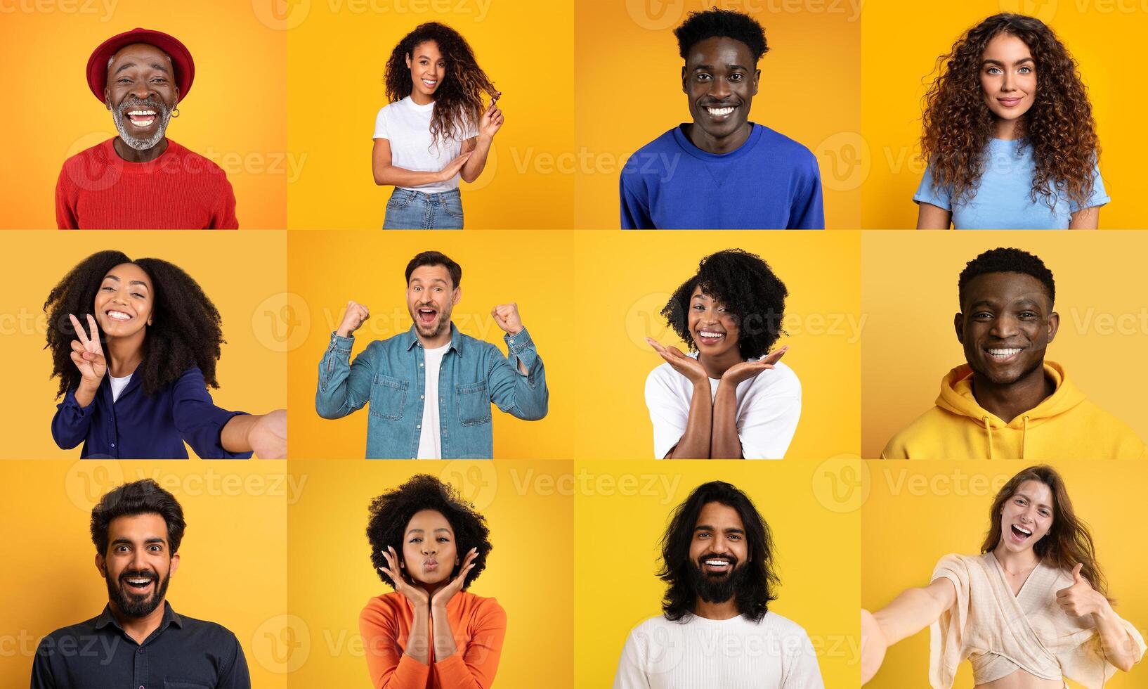 A vibrant collection of diverse individuals expresses joy and positivity. Each person showcases unique features and styles against a bright yellow background, embodying unity in diversity. photo