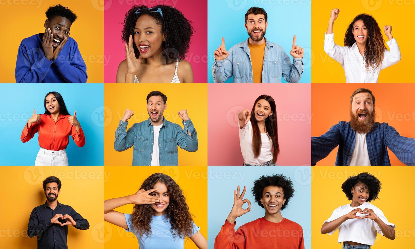 A lively collection of diverse individuals showcases cheerful expressions against vibrant backgrounds. Each person represents joy and positivity through playful gestures and smiles. photo