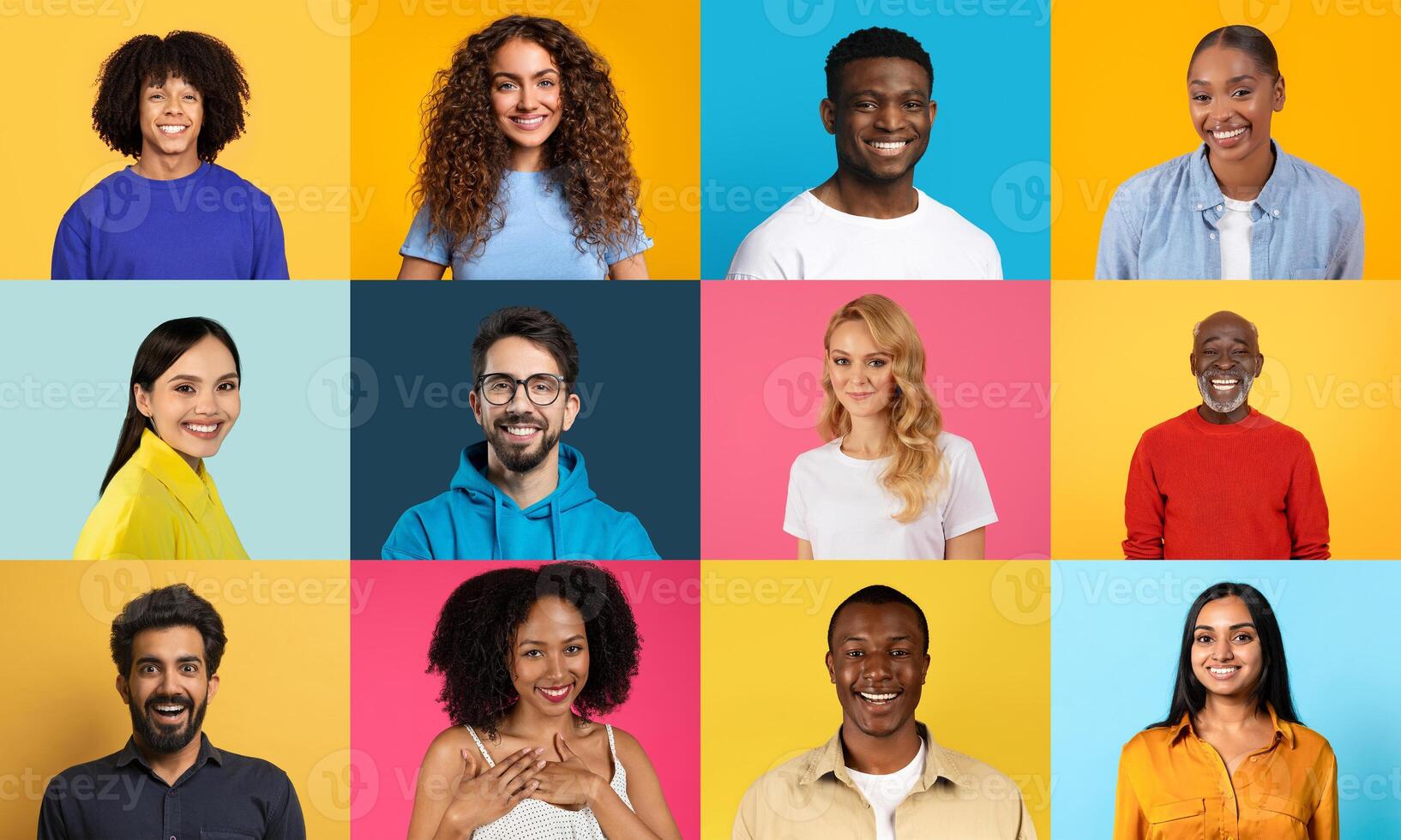 A vibrant collage featuring a diverse group of happy individuals with different backgrounds. Each person exudes positivity, reflecting a joyous lifestyle and unity among cultures. photo