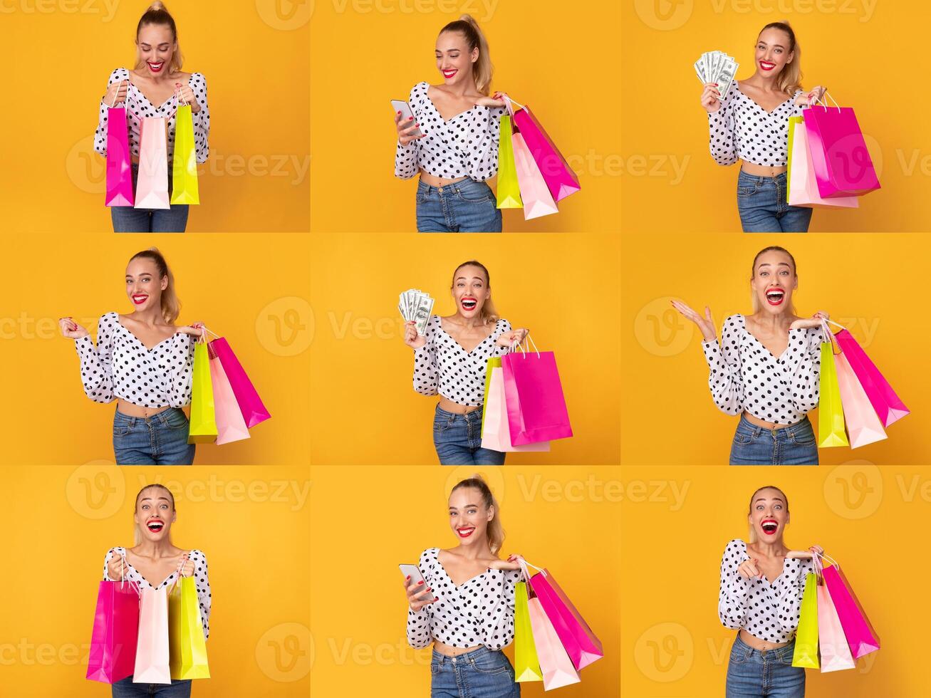 A joyful shopper holds colorful bags and cash, showcasing her happiness after a successful shopping spree during a discount event. Bright yellow background enhances the festive mood. photo