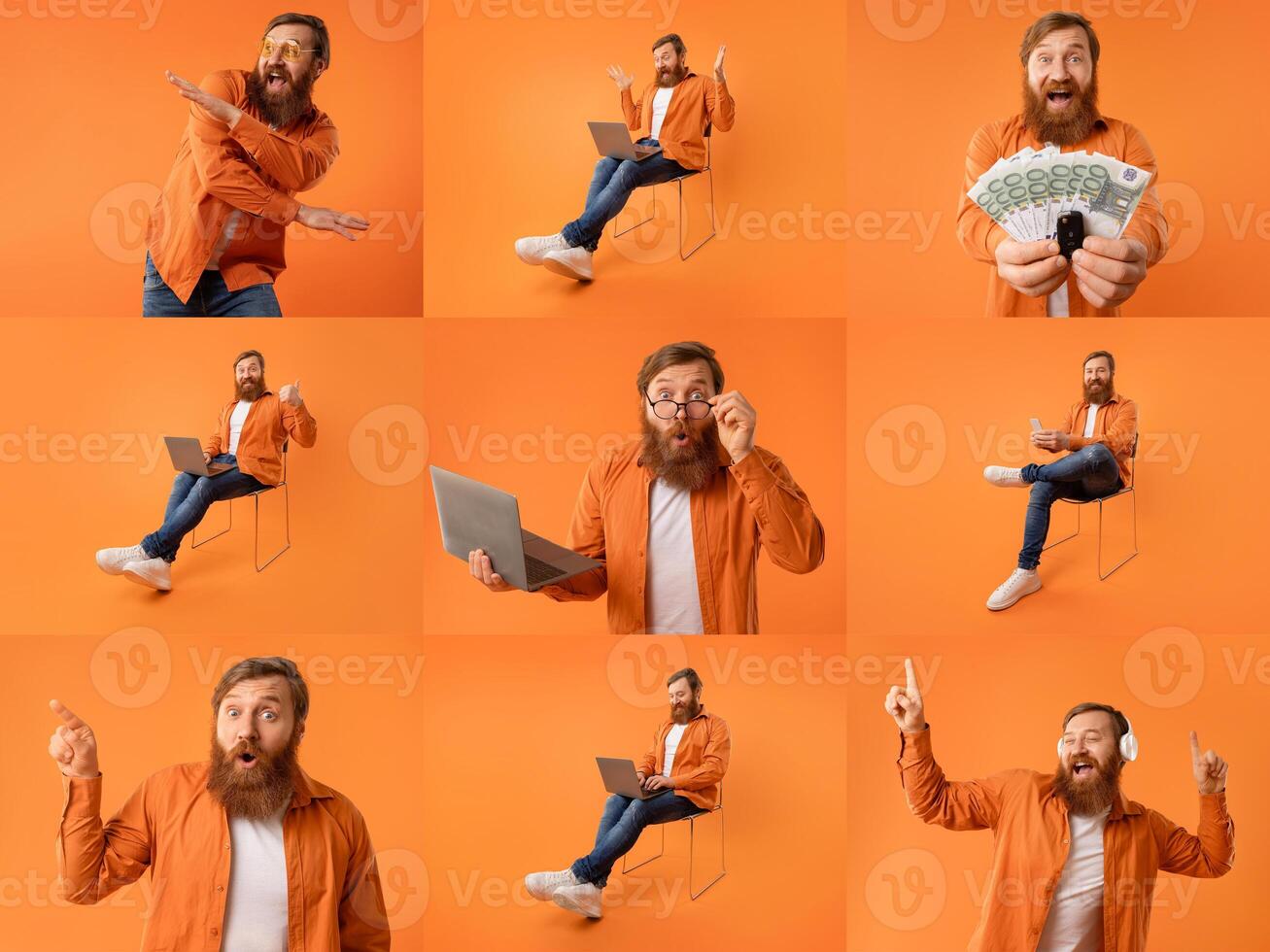 A collage of joyful people showcasing their positive energy while engaged in various activities, including working on a laptop and celebrating success. photo