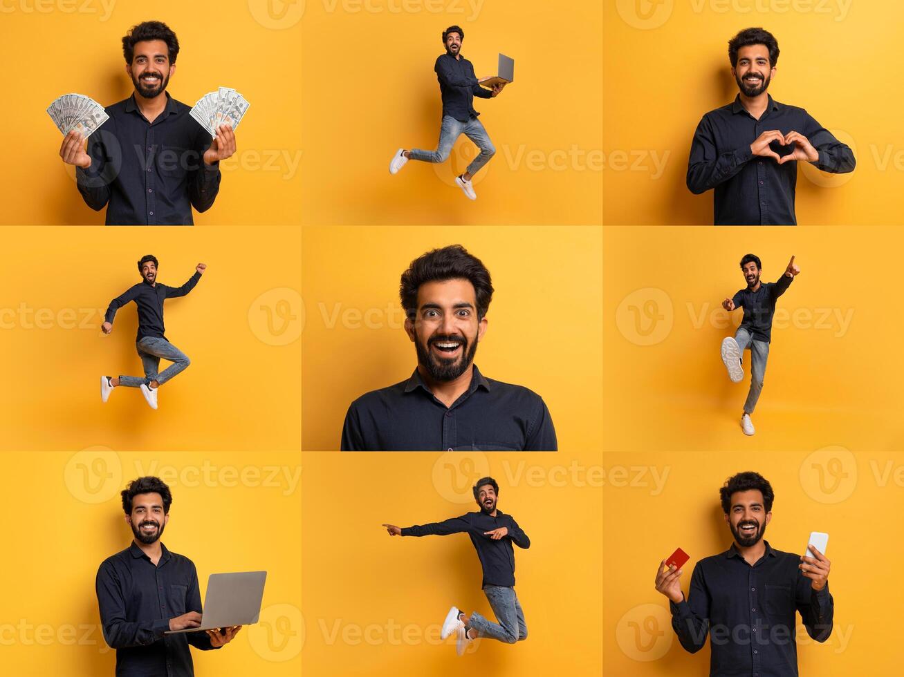 A collection of cheerful multiracial people expresses happiness through various activities. They are seen interacting, celebrating diversity, and showcasing positive energy in a bright setting. photo
