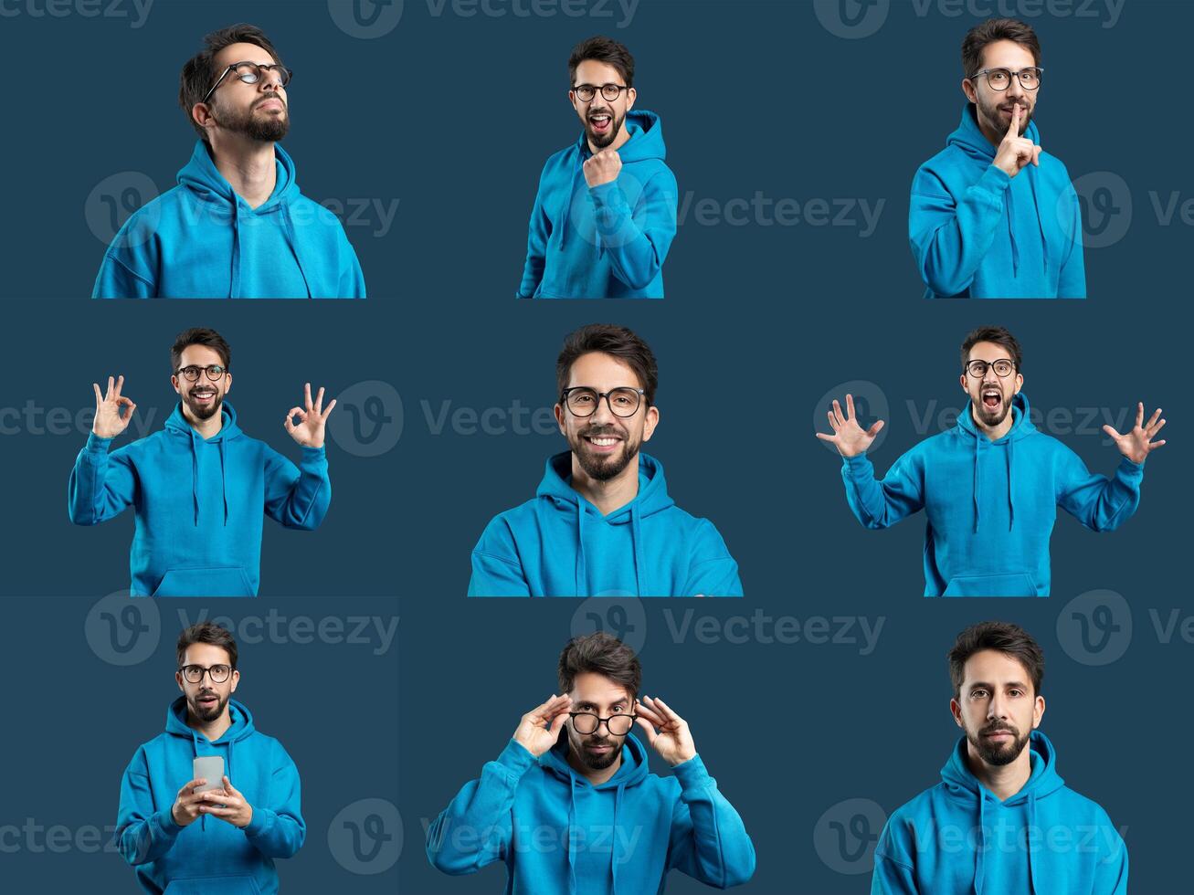 A vibrant collage showcases diverse people displaying various emotions like joy, surprise, and excitement. Each individual is captured in a lively moment, celebrating positivity and connection. photo