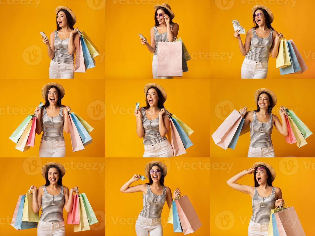 Enthusiastic lady showcase happiness after a successful shopping spree, surrounded by vibrant shopping bags and discounts on Black Friday. The energy reflects consumer excitement. photo