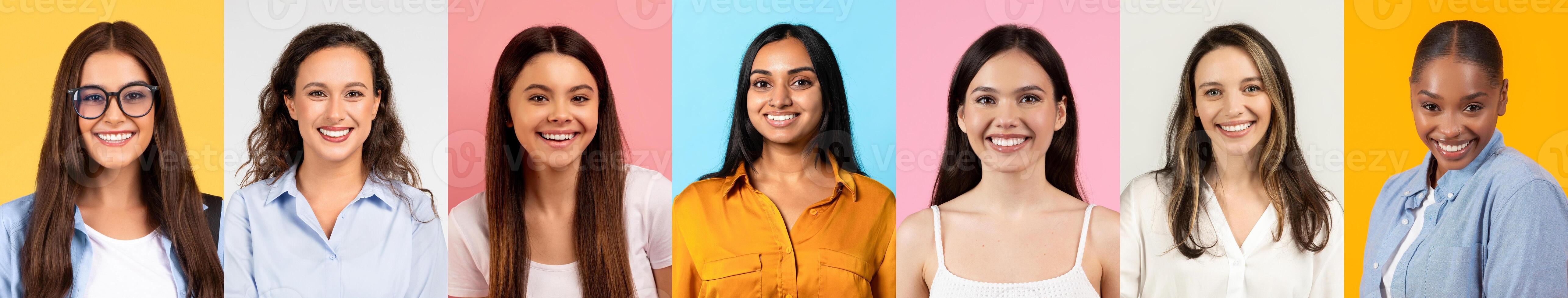 A joyful collection of diverse individuals showcases happiness and camaraderie. They embody a lively and positive atmosphere in a colorful backdrop, celebrating their unique identities together. photo