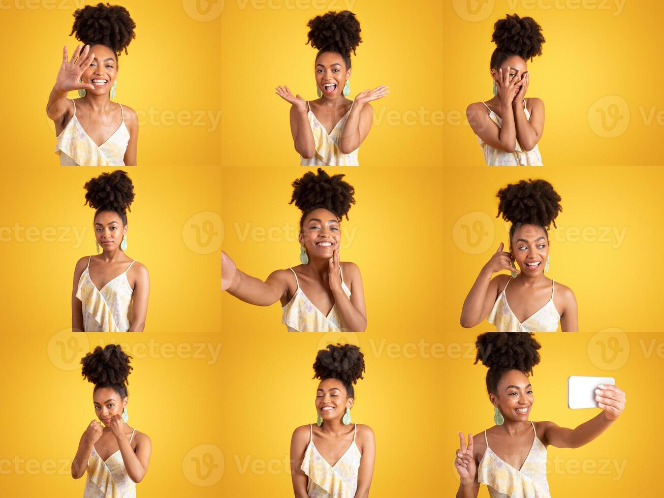 A collage showcases a diverse group of happy individuals in various poses, each expressing joy and positivity against a bright yellow backdrop, highlighting their cheerful lifestyle and connections. photo