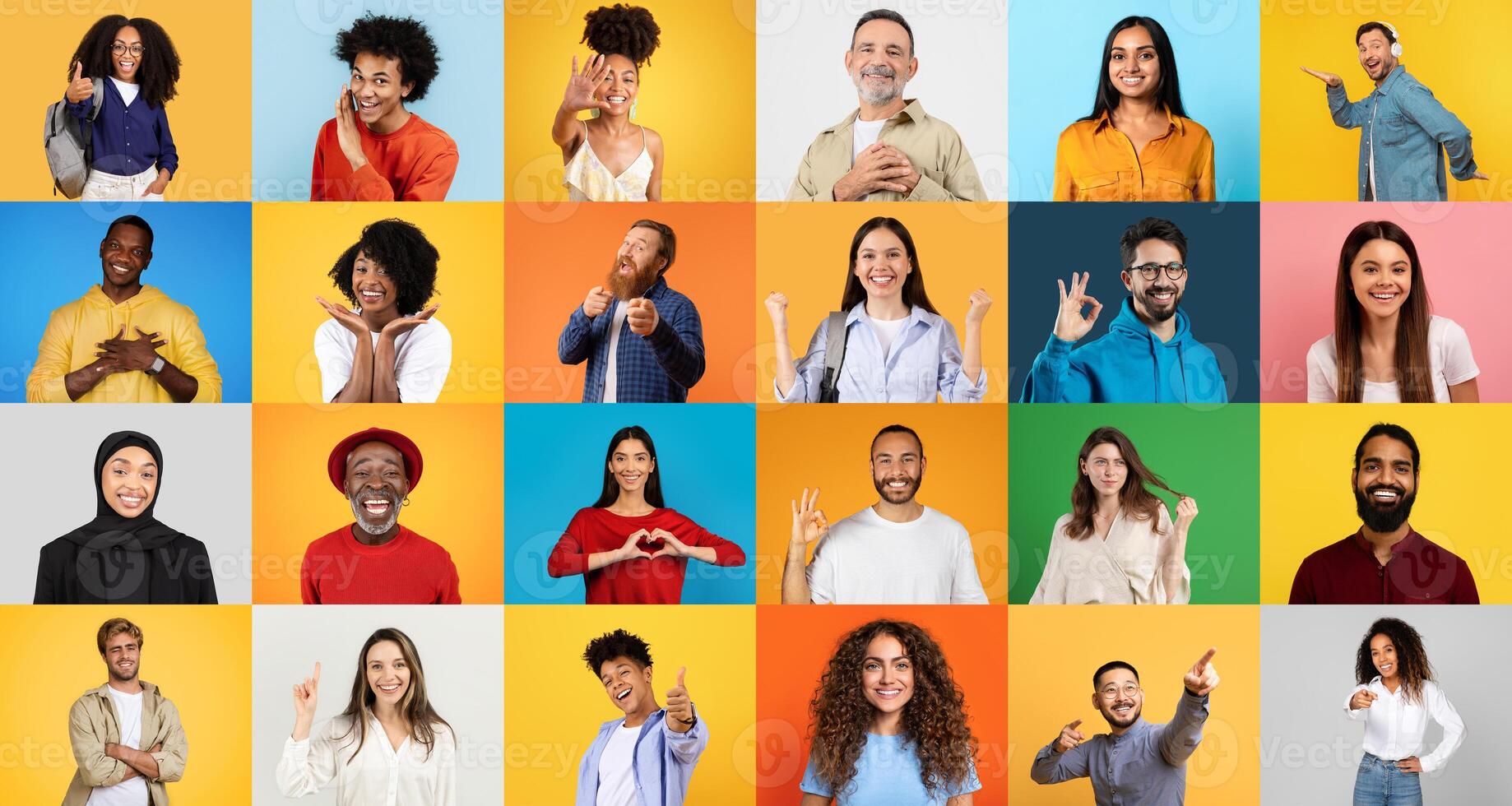 A vibrant collection of happy people from various backgrounds engaging in joyful interactions. This collage captures a sense of community and celebration in a colorful setting. photo
