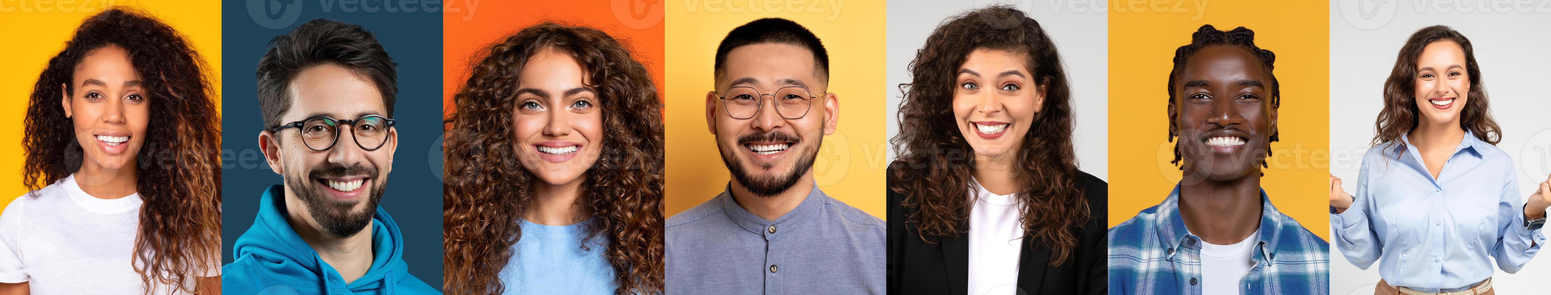 A joyful collection of diverse individuals showcasing happiness and unity. Each person expresses their unique personality against vibrant backgrounds, celebrating positivity and togetherness. photo