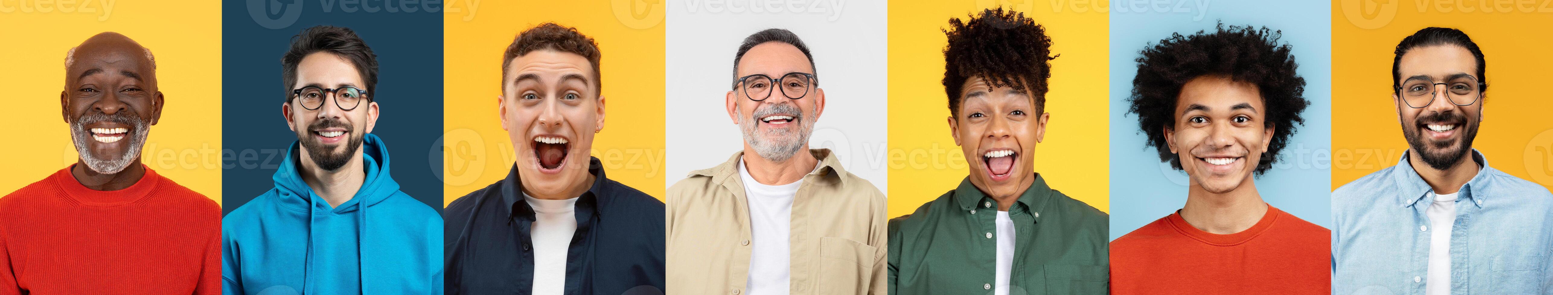 A joyful collection of diverse individuals expressing happiness together. Each person showcases unique features and styles, embodying positivity and celebration in life. photo