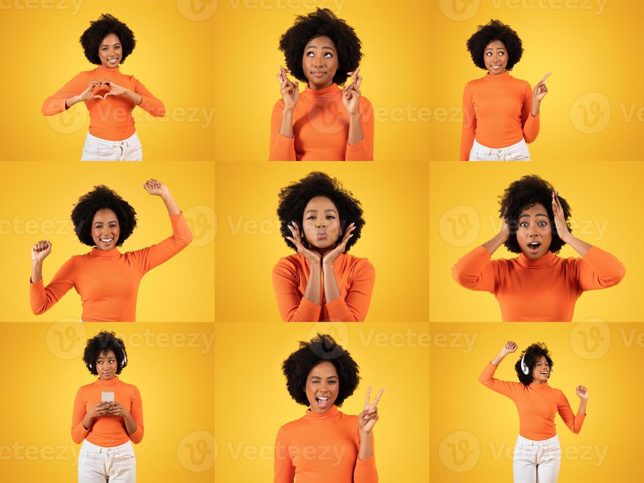 Nine cheerful individuals showcase their happiness through diverse expressions against a vibrant yellow backdrop. Each person's joy reflects positivity and lifestyle variety. photo