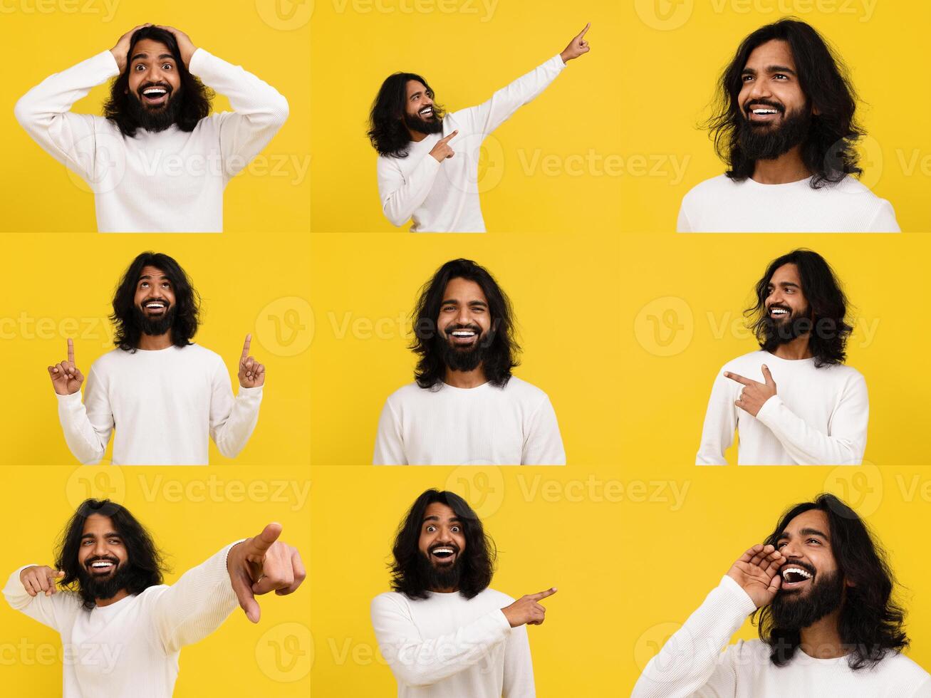 A collection of nine joyful portraits showcases a diverse individual expressing happiness in various cheerful poses. Bright yellow background enhances the positive vibe and lifestyle spirit. photo
