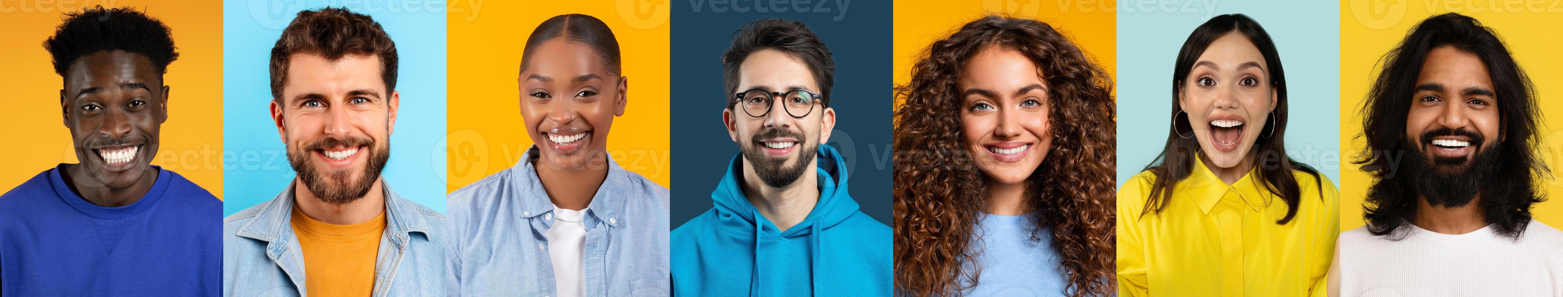 A cheerful collection of diverse individuals smiling and sharing positive vibes. The setting features bright backgrounds that enhance their joyful expressions, showcasing a lifestyle of happiness. photo