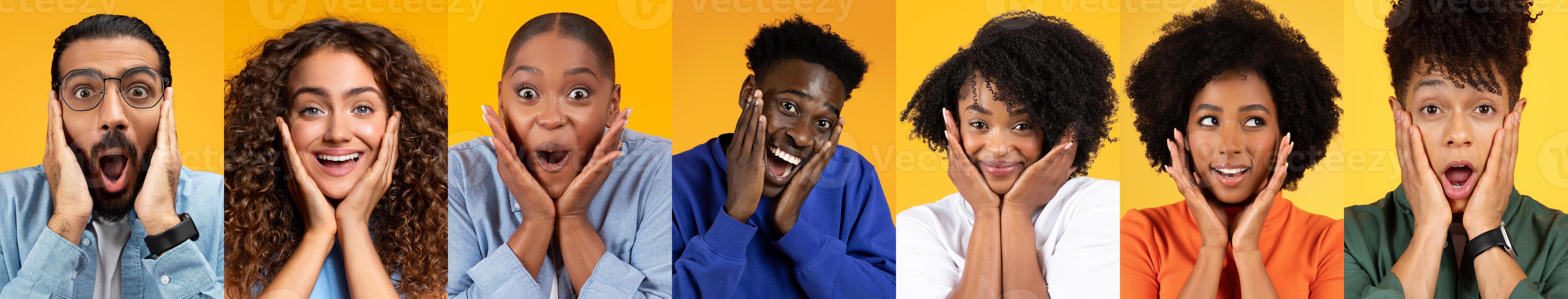 A lively collection of smiling individuals from different backgrounds, showcasing their excitement and happiness. Each person expresses amazement, emphasizing inclusivity and positivity. photo