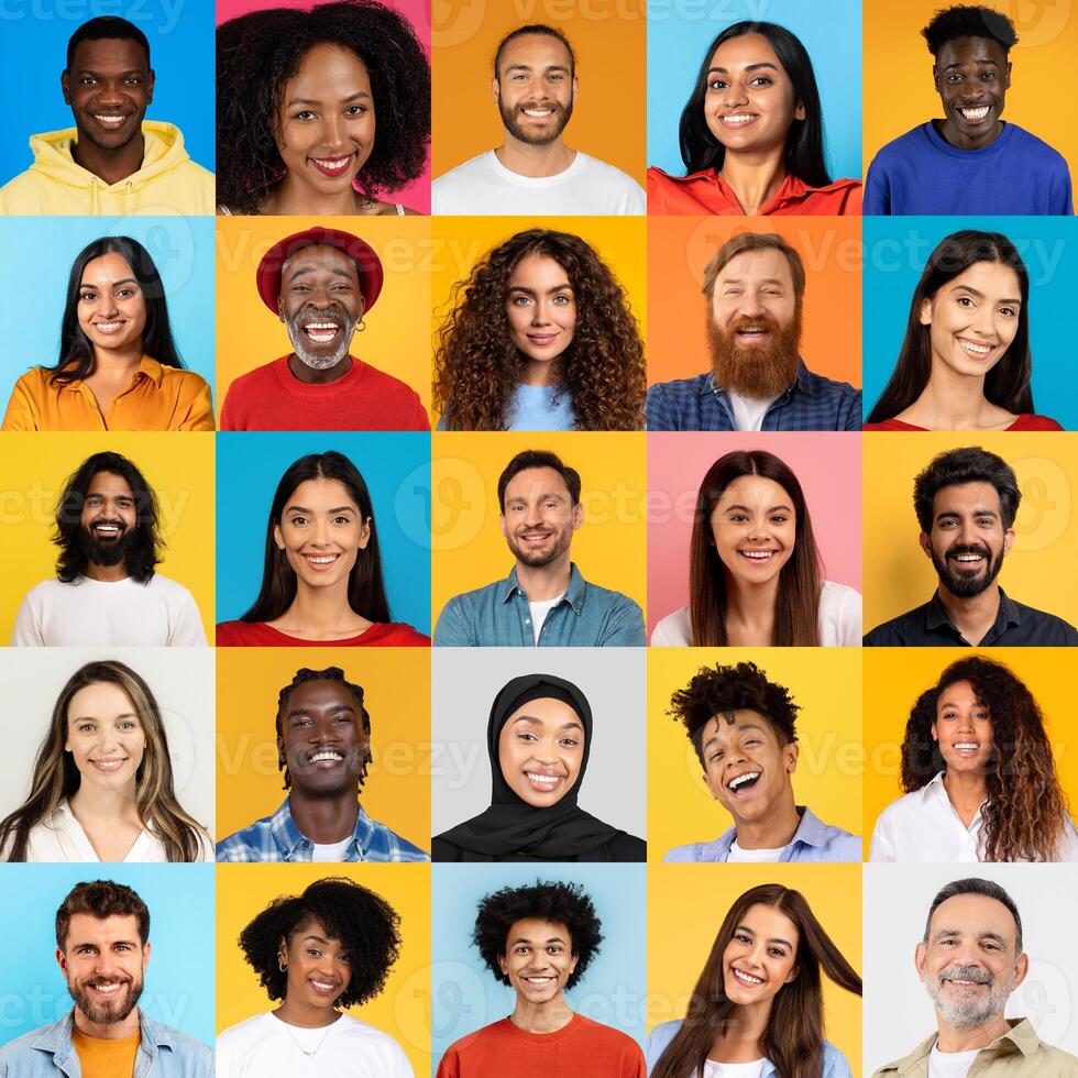 A vibrant collage features diverse people expressing joy and cheerfulness. Each individual showcases unique backgrounds, hairstyles, and smiles, embodying a sense of community and connection. photo
