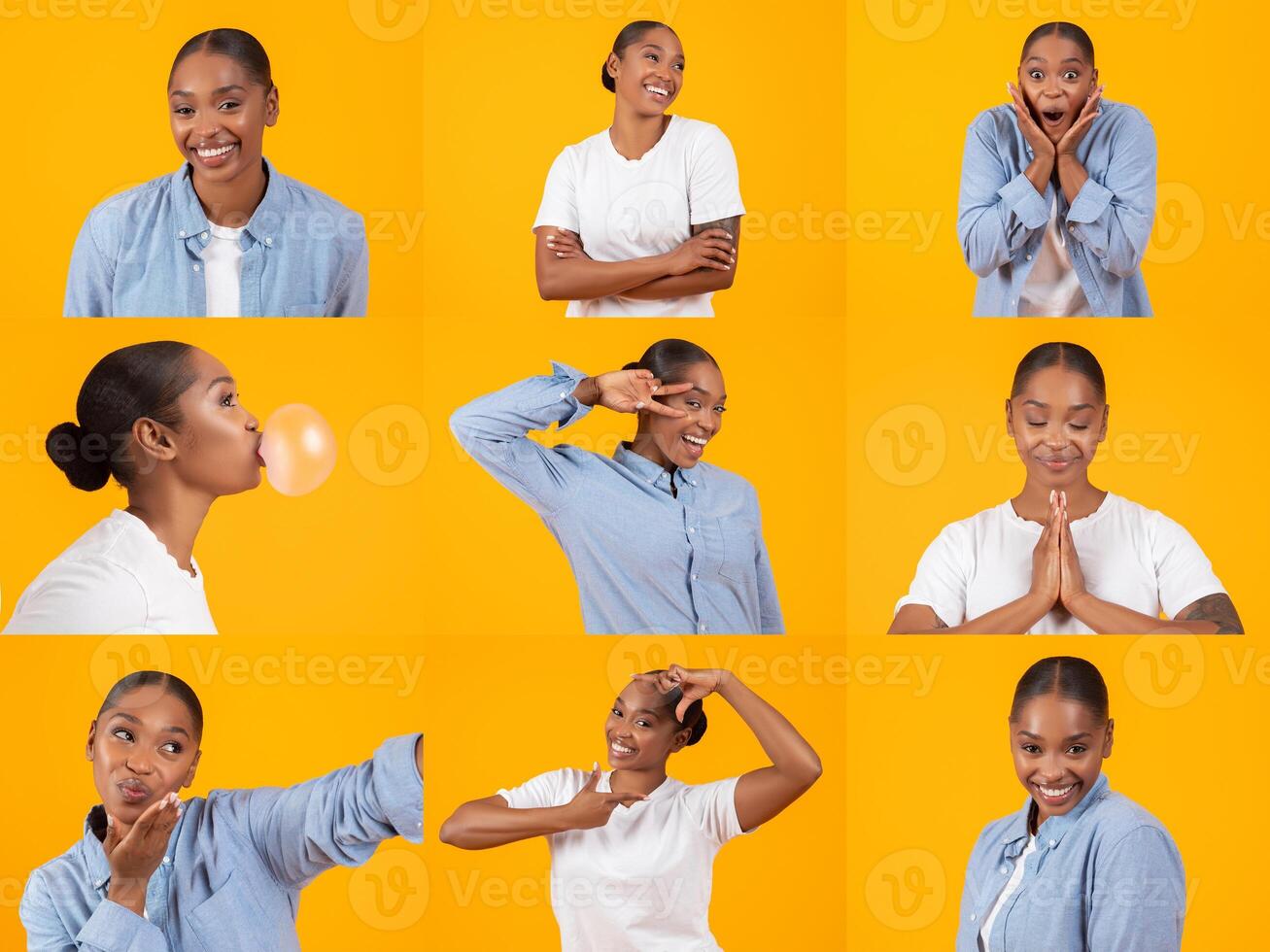 A cheerful collection of individuals showcasing happiness through various expressions and activities against a bright yellow background. The diversity in their interactions radiates positivity. photo