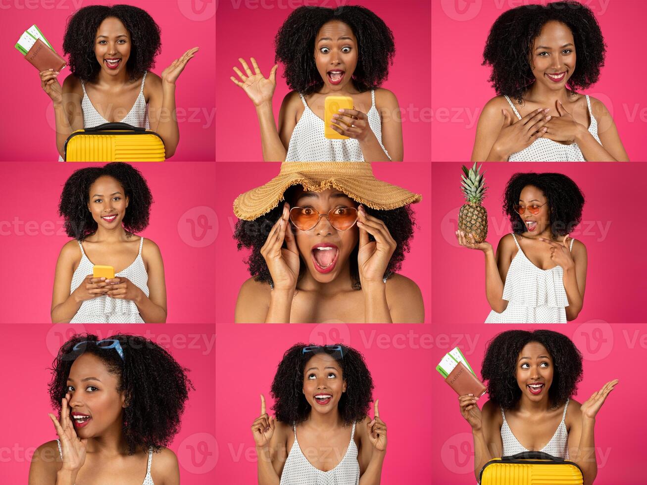 A cheerful collection of multiracial individuals displays a range of happy emotions while holding various fun items. The bright pink background enhances their positive energy and diversity. photo