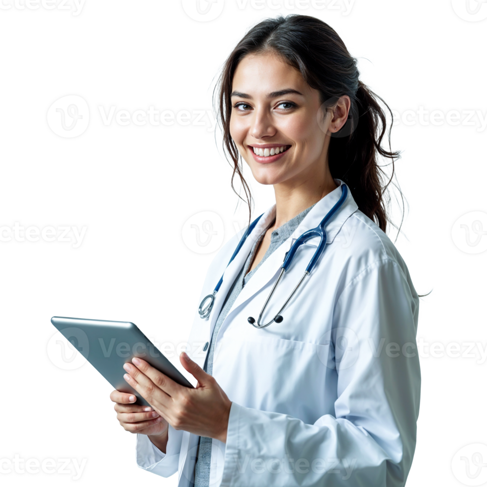 Smiling Female Doctor with Tablet png