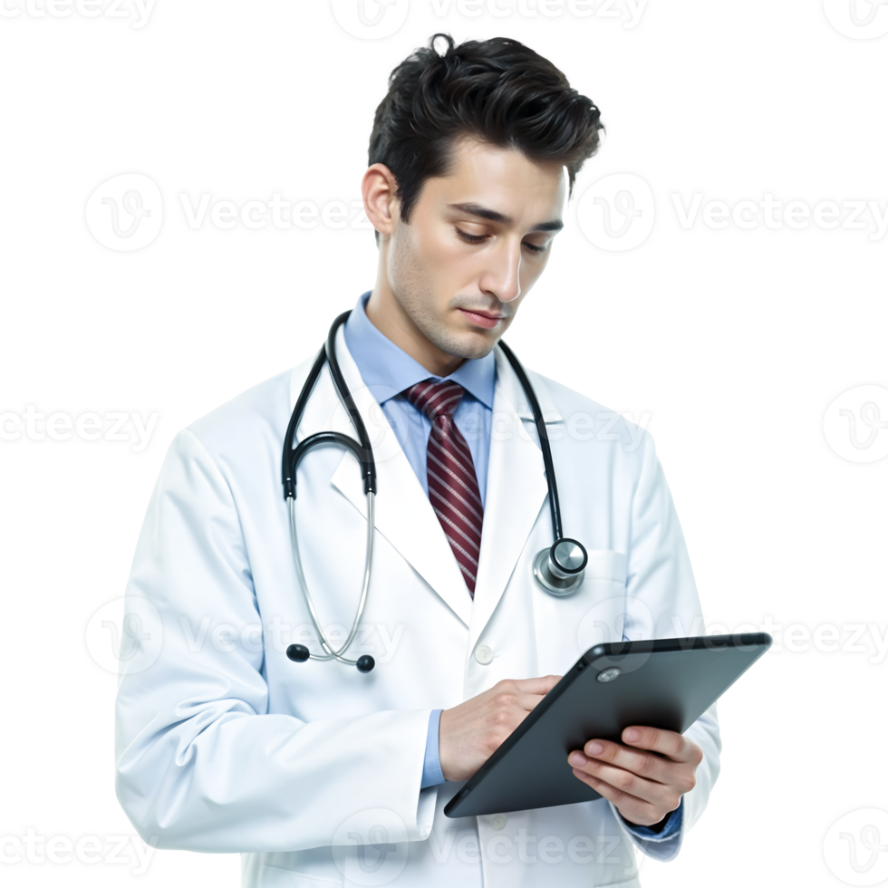 Doctor reviewing patient records on a tablet png