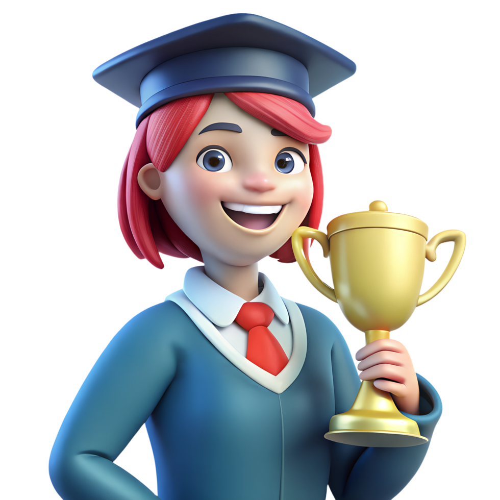 3D girl student with golden trophy png