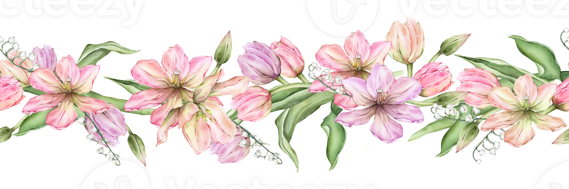 Seamless banner of light Pastel colors bud Tulips and lily of the valley. Watercolor illustration isolated on background. Hand drawn delicate spring flower for spring wedding design or border png