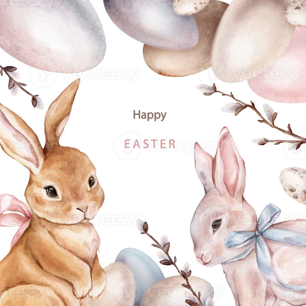 Happy Easter card with watercolor cute rabbits and bunny with bow, paint eggs and and quail eggs, willow branch. Easter watercolor posters, cover design, greeting card in pastel color png