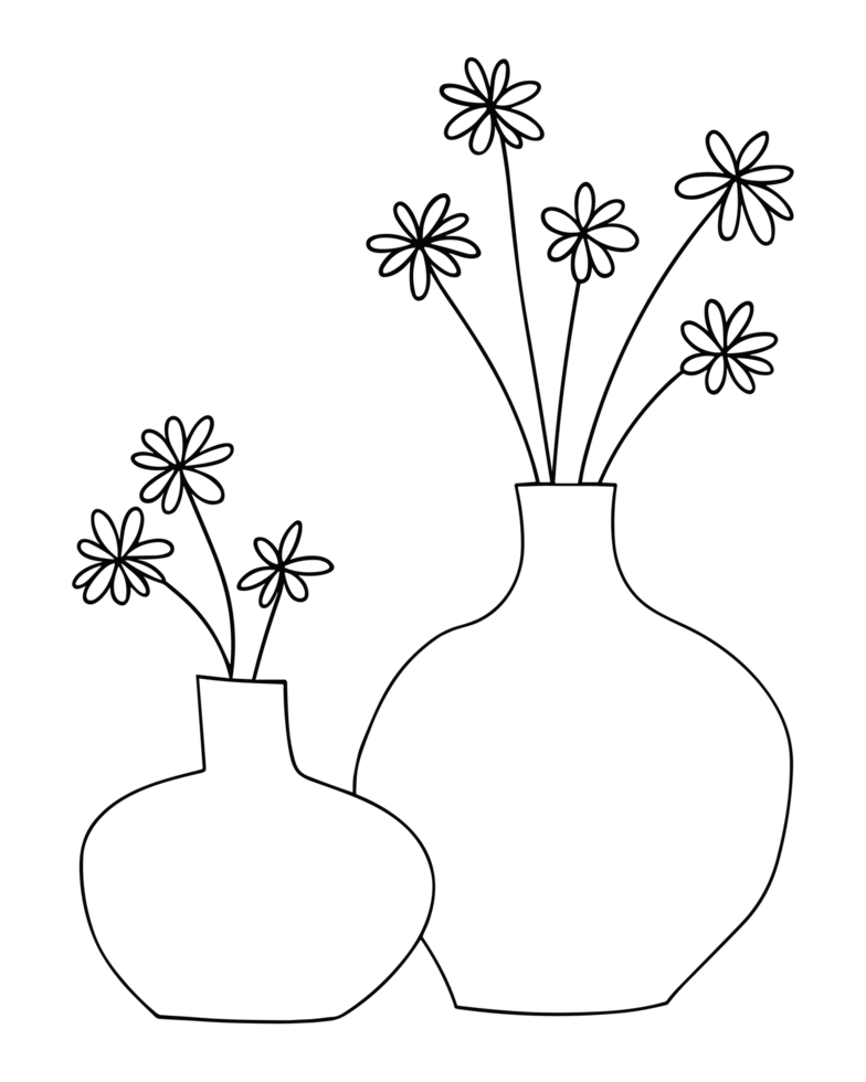 Flowers inside pottery vase floral daisies boho cottagecore aesthetic black sketch hand drawn drawing illustration decor printable minimal decor element sticker isolated clipart transparent background png