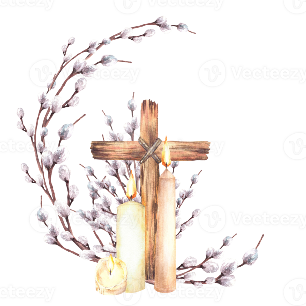 Burning candle with wooden Cross against of willow branches. Religious Easter circle composition. Watercolor hand drawn illustration on isolated background for First communion, baptism card png
